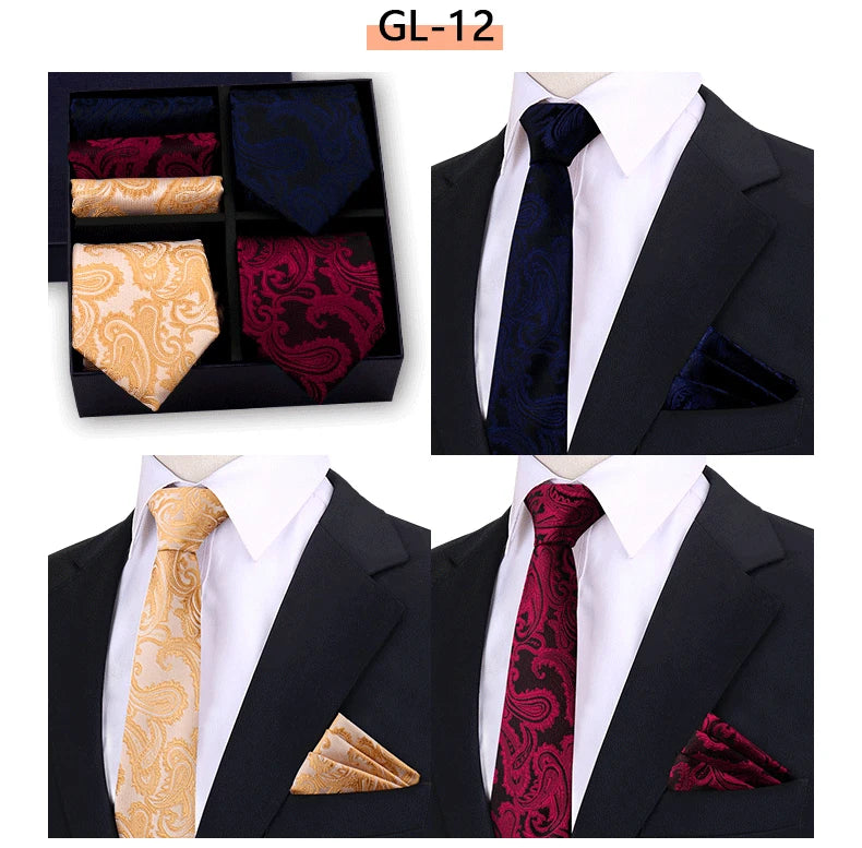 Luxury men's tie set by The Clothing Company Sydney, includes paisley and striped necktie with matching handkerchief in gift box.