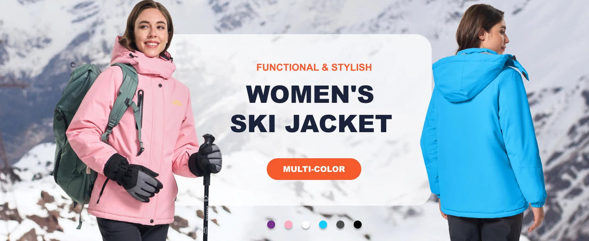 Women's winter thermal fleece-lined waterproof snow ski hood coat with mountain snowboarding windbreaker features, by The Clothing Company Sydney.