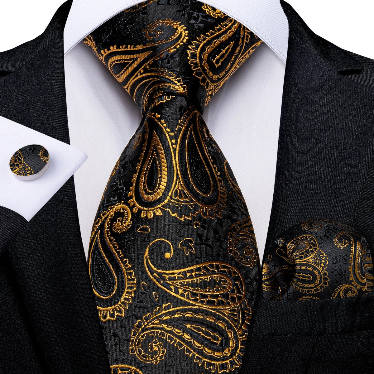 Luxury black and gold paisley silk tie set with matching pocket square and cufflinks, men's accessories by The Clothing Company Sydney.