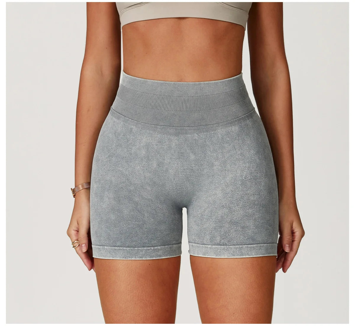 Women’s high waist yoga bicycle shorts from The Clothing Company Sydney, sand washed workout shorts for fitness, running, and gym.