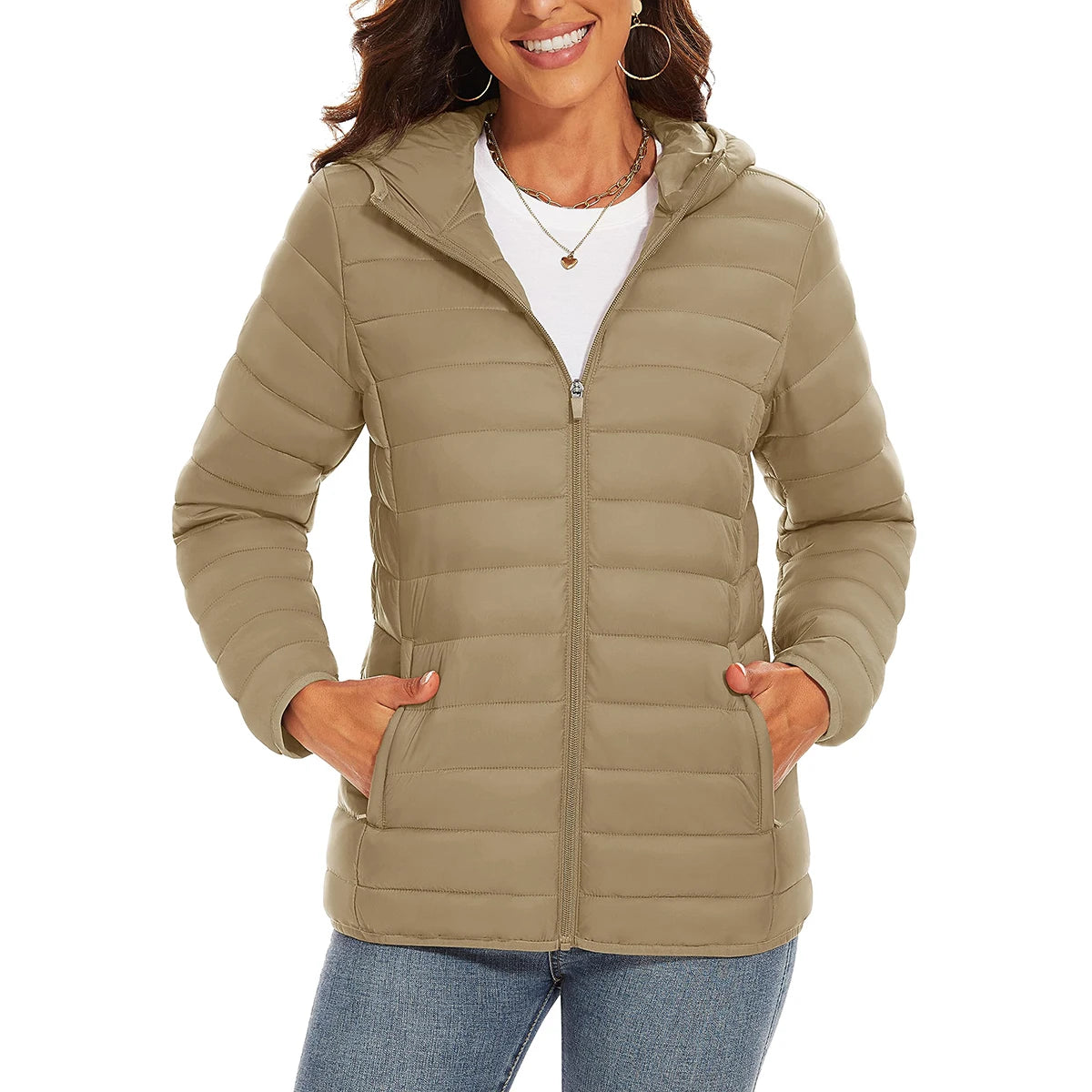 Warm puffer women's hooded quilted jacket with full zip, multiple pockets, waterproof, lightweight down coat for winter camping.