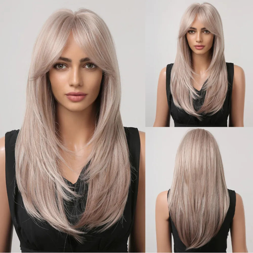 Long black and pink ombre synthetic wig with layered straight style, ideal for cosplay and fashion accessories.