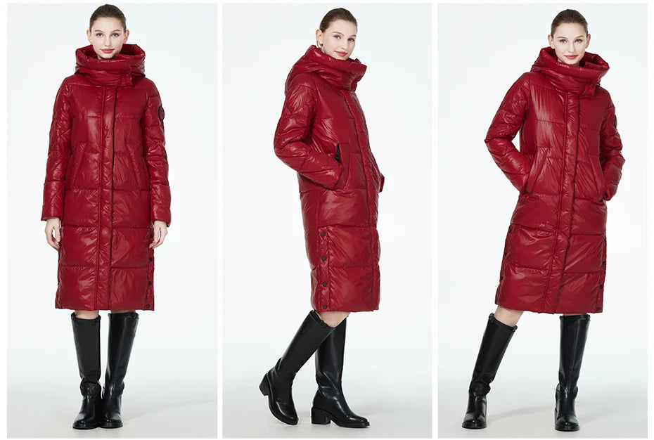 Women’s long hooded winter parka by The Clothing Company Sydney, thick quilted puffer jacket with pockets and cozy insulation.