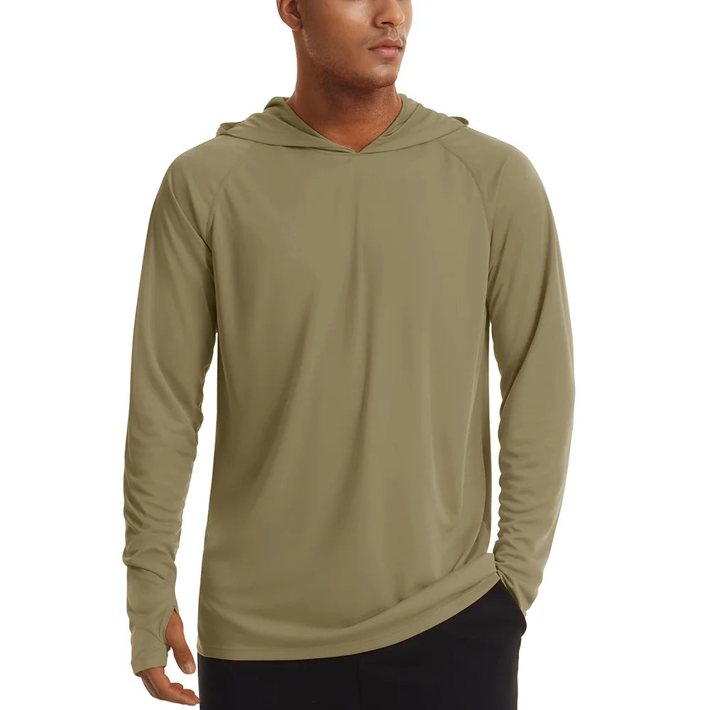 Men's UPF 50+ hooded T-shirt by The Clothing Company Sydney, long sleeve quick-dry sun protection top for outdoor sports and running.