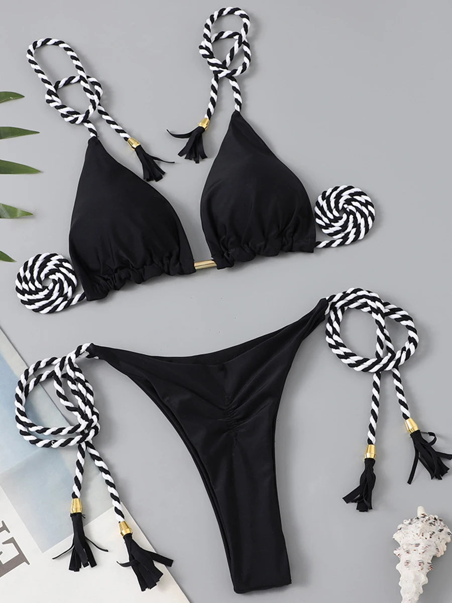 Two-piece triangle string bikini swimsuit by The Clothing Company Sydney, solid thong swimwear for summer beachwear, front view.