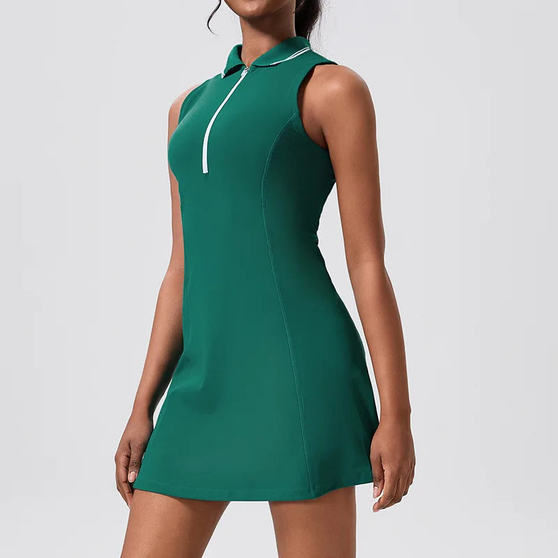 Fitness tennis and golf dress by The Clothing Company Sydney featuring V-neck, sleeveless design, phone pocket, and casual mini style.