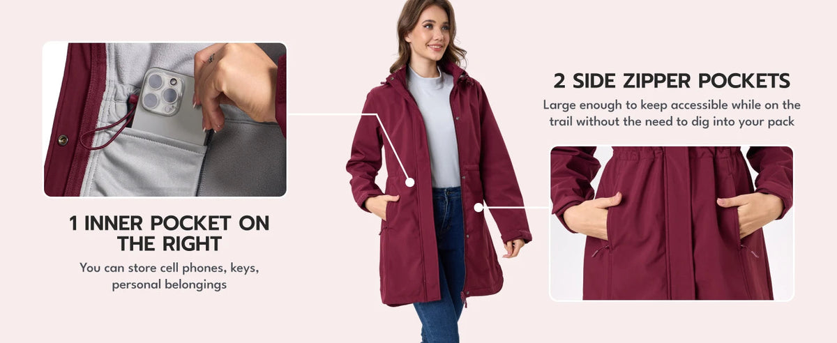 Womens long fleece-lined softshell jacket by The Clothing Company Sydney with hood, rainproof windbreaker for outdoor winter warmth.