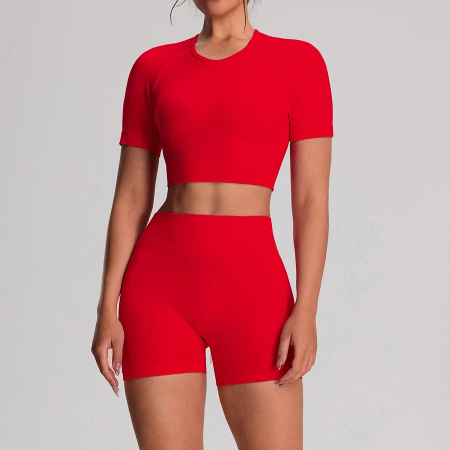Women's fitness yoga sport T-shirt and shorts set by The Clothing Company Sydney, seamless workout vest and bike shorts for activewear