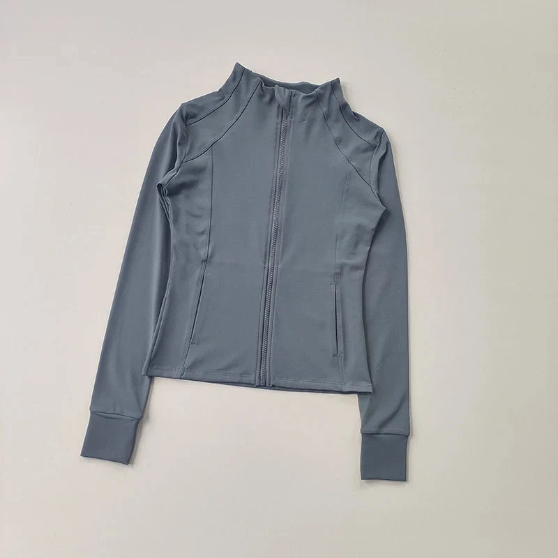 Women’s slim-fit fitness jacket by The Clothing Company Sydney, long sleeve zip-up activewear for yoga, running, and gym workouts.
