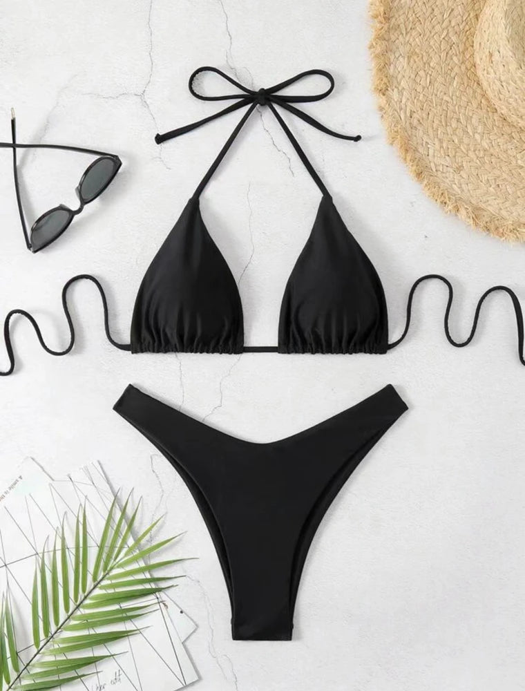 2 Piece Thong Bikini Solid White/Black/Coffee Halter Swimsuit Lace Up Brazilian Bathing Suit Double Fabric Beachwear The Clothing Company Sydney