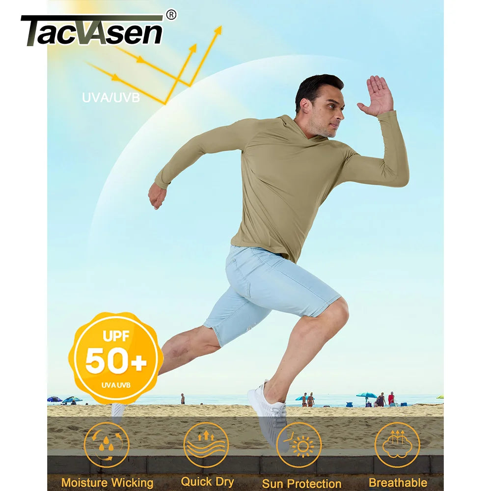 Men's UPF 50+ hooded T-shirt from The Clothing Company Sydney, quick-dry long sleeve top for outdoor sports and running.