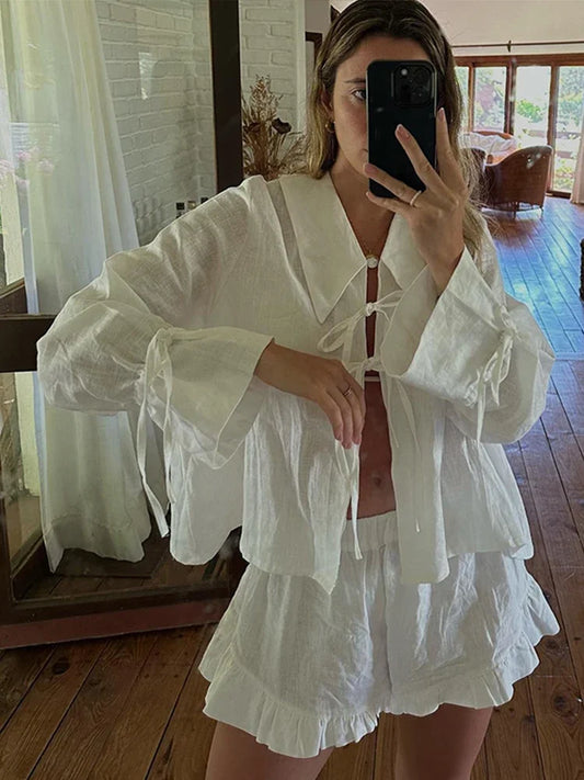 Lace Up Bow Short Sets For Women's Solid V-neck Long Sleeve Blouse Ruffles Shorts Suit Spring Summer Matching Outfit Set - The Clothing Company Sydney