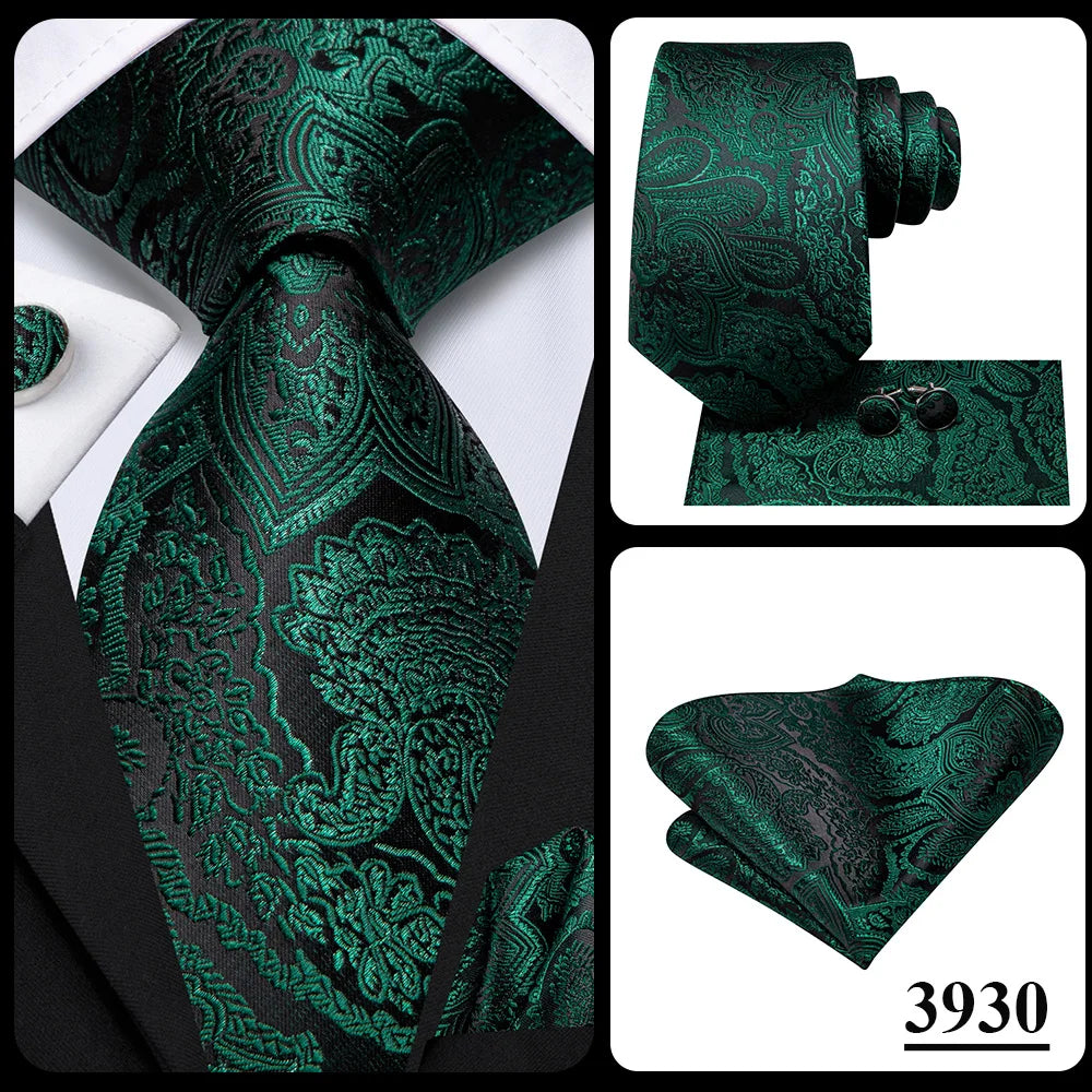 Green paisley silk tie set for men including necktie, pocket square, and cufflinks, from The Clothing Company Sydney.