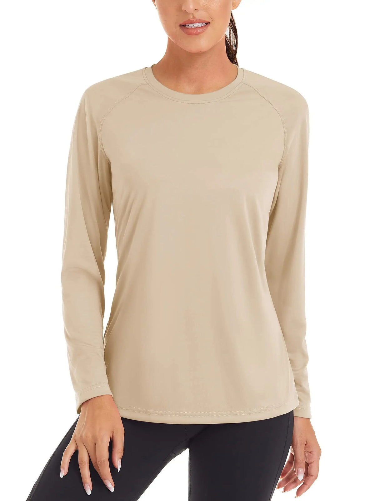 Women's UPF 50+ quick-dry long sleeve swim T-shirt by The Clothing Company Sydney, designed for sun protection and active wear.