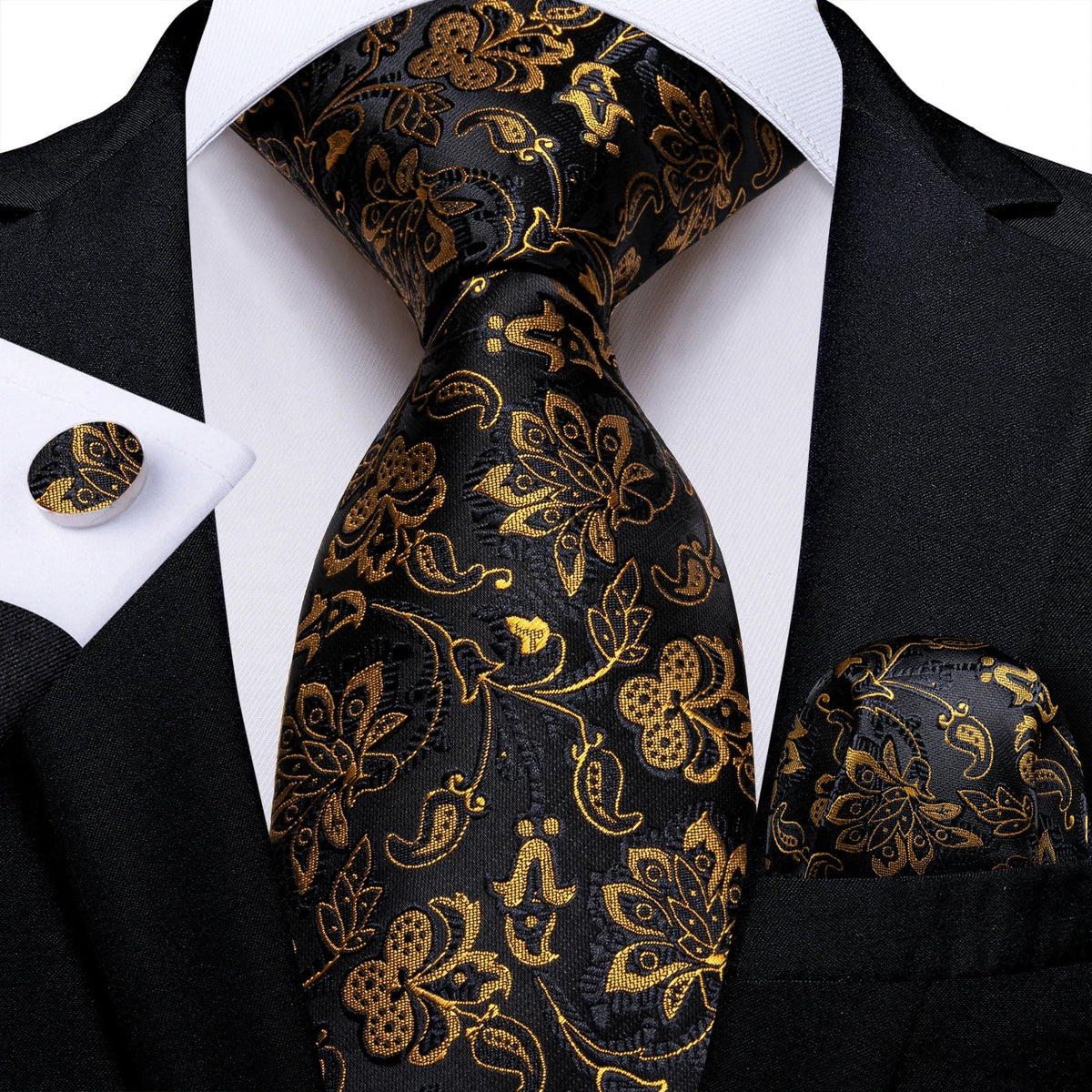Black and gold paisley silk tie set with matching pocket square and cufflinks, elegant men's accessories by The Clothing Company Sydney