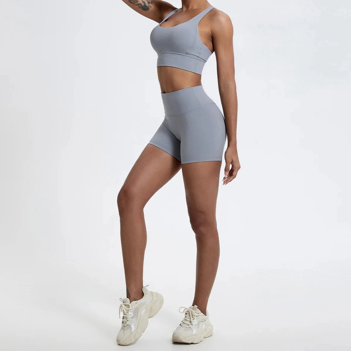 Women's high waist gym leggings and workout shorts by The Clothing Company Sydney, featuring a slim fit design for fitness and yoga.