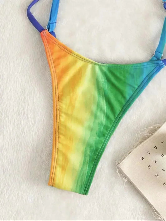 Rainbow Print Bikini Gradient Micro Monokini Swimsuit Cross String Backless Women Vacation Swimwear One-piece Beach Bathing Suit - The Clothing Company Sydney