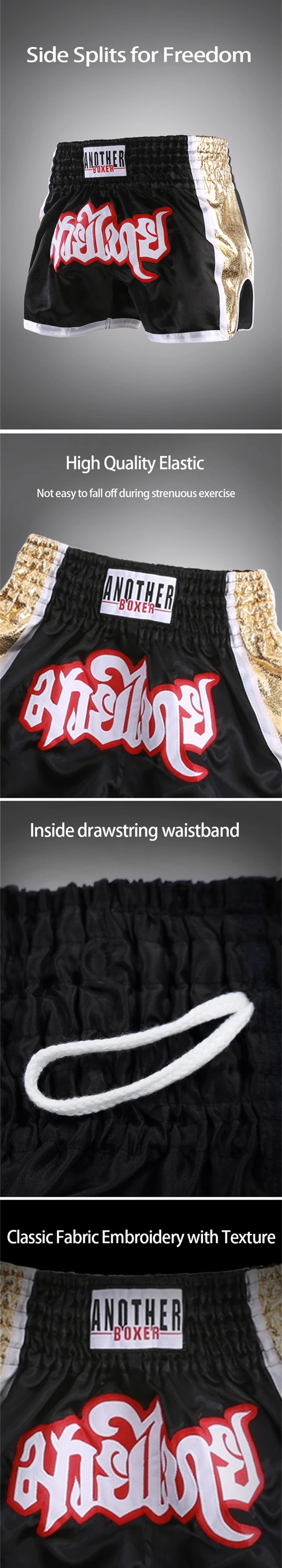 Unisex Muay Thai shorts by The Clothing Company Sydney, lightweight kickboxing and MMA training gear, shown in black with side logos.