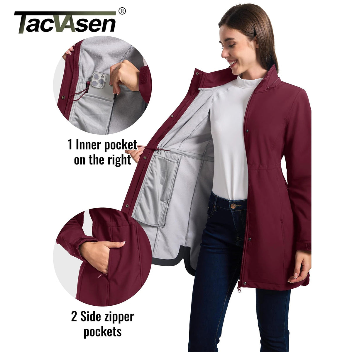 Women’s long fleece-lined softshell jacket with hood, windproof raincoat, warm winter outdoor windbreaker by The Clothing Company Sydney.
