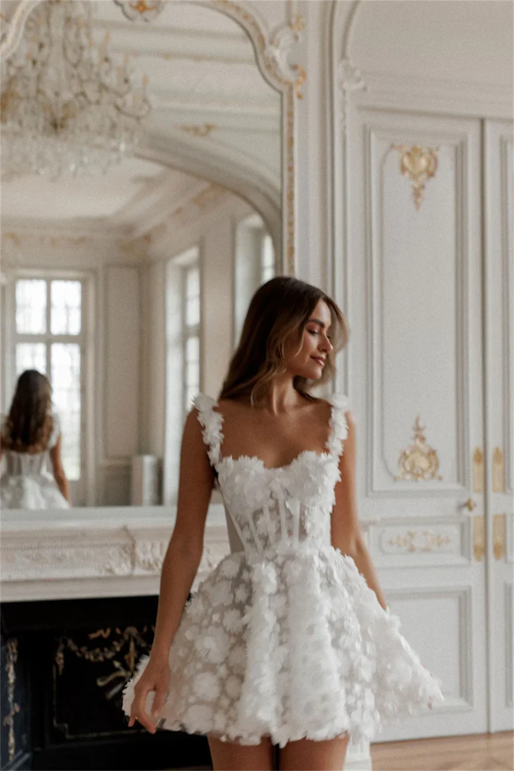 White mini prom dress by The Clothing Company Sydney with floral lace embroidery, sleeveless design, spaghetti straps, perfect for parties.