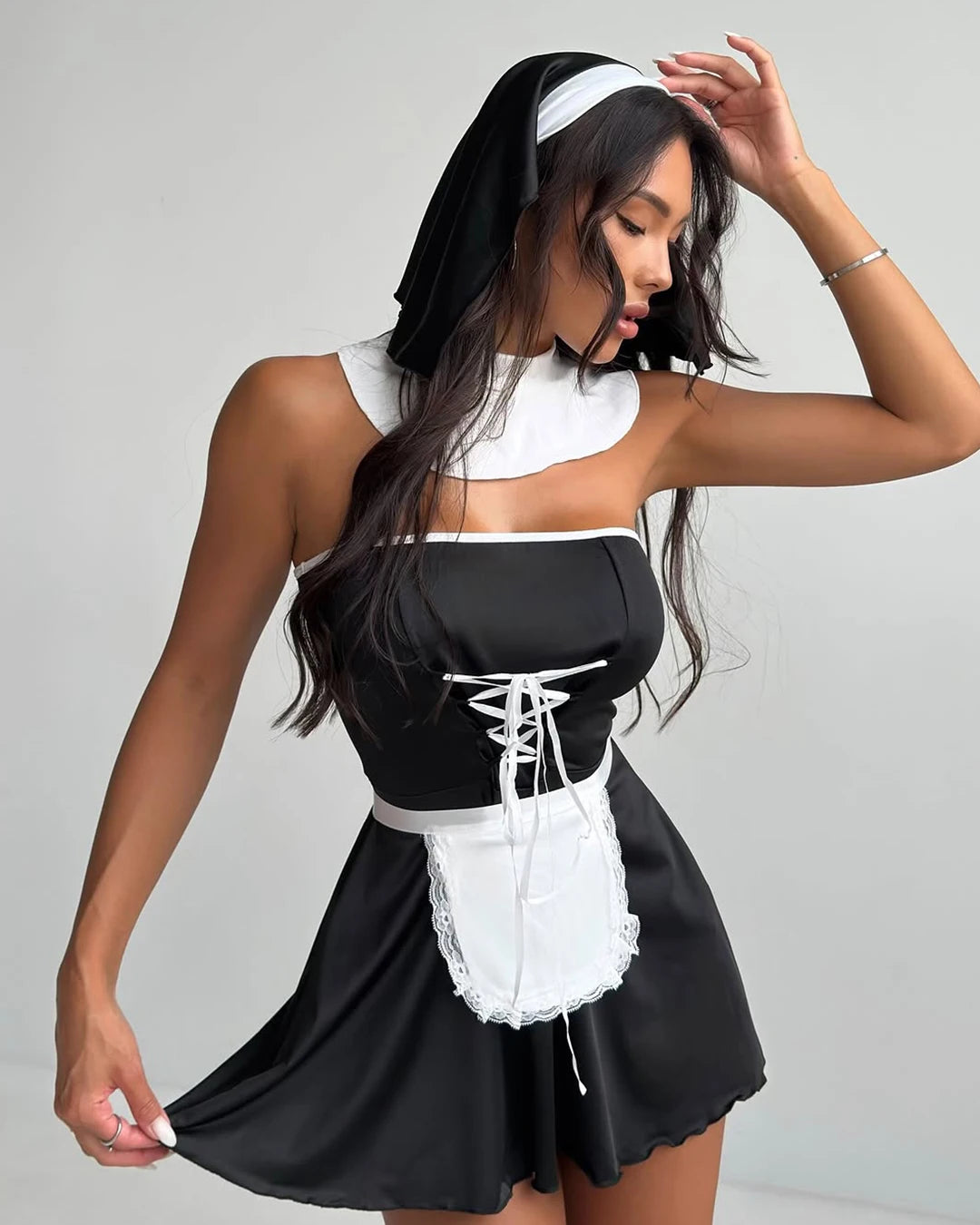 Maid cosplay dress set with strapless top, backless design, apron, and accessories for masquerade or costume parties.
