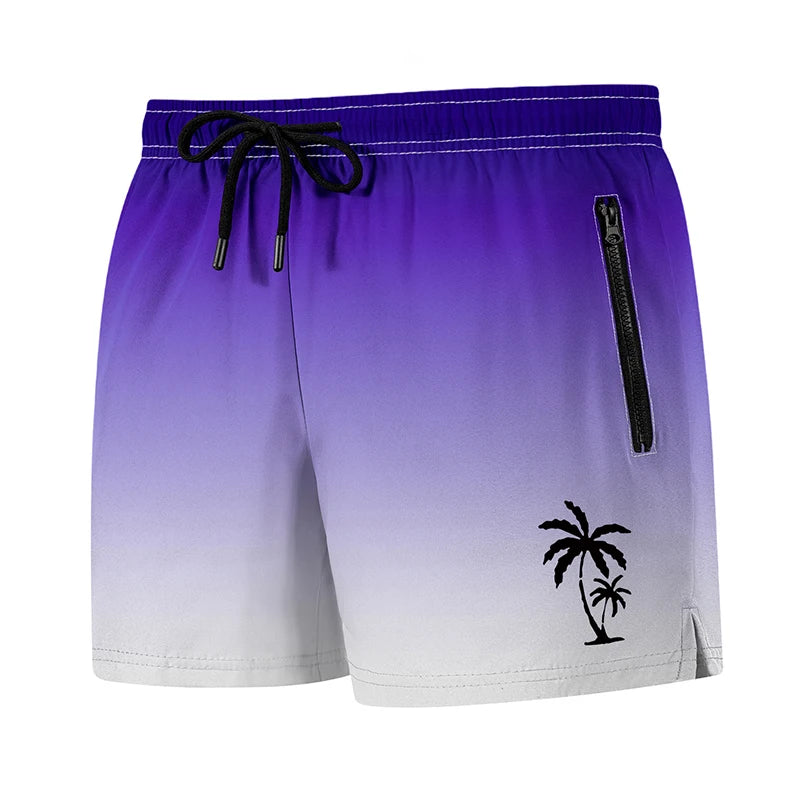 Men's palm tree print board shorts by The Clothing Company Sydney with quick-dry fabric, mesh liner, zipper pockets, perfect for summer beach use.