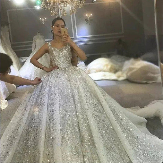 Luxurious Sparkling Sequin Wedding Dress Ball Gown Sleeveless Long Rhinestone Bridal Dress With Court Train Robes - The Clothing Company Sydney