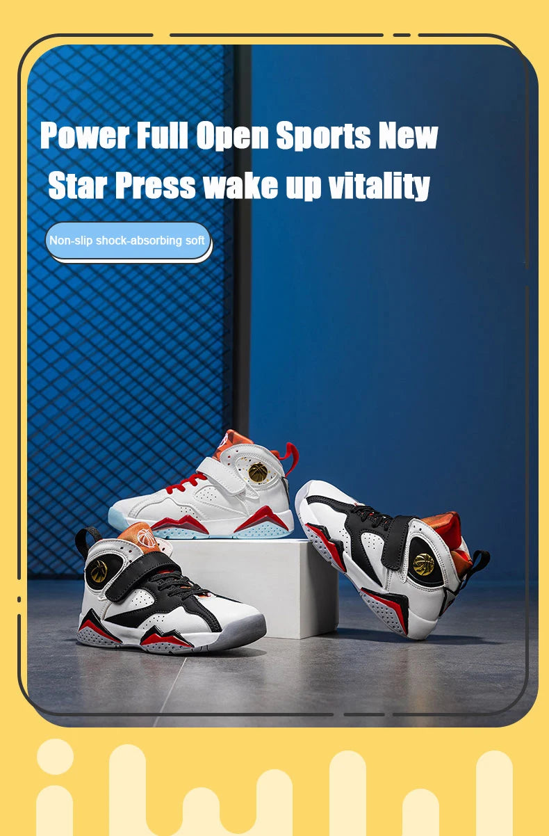 Kids boys’ basketball shoes by The Clothing Company Sydney, non-slip outdoor sports sneakers with breathable design and sturdy soles.