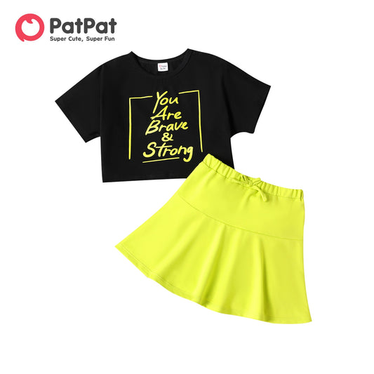 2 Piece Kid Girl Letter Print Short-sleeve Cotton Tee and Solid Skirt Set The Clothing Company Sydney