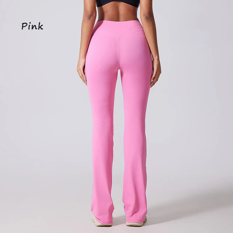 Women's high waisted flare yoga pants by The Clothing Company Sydney, micro flared wide-leg fitness pants with a hip-lifting design.
