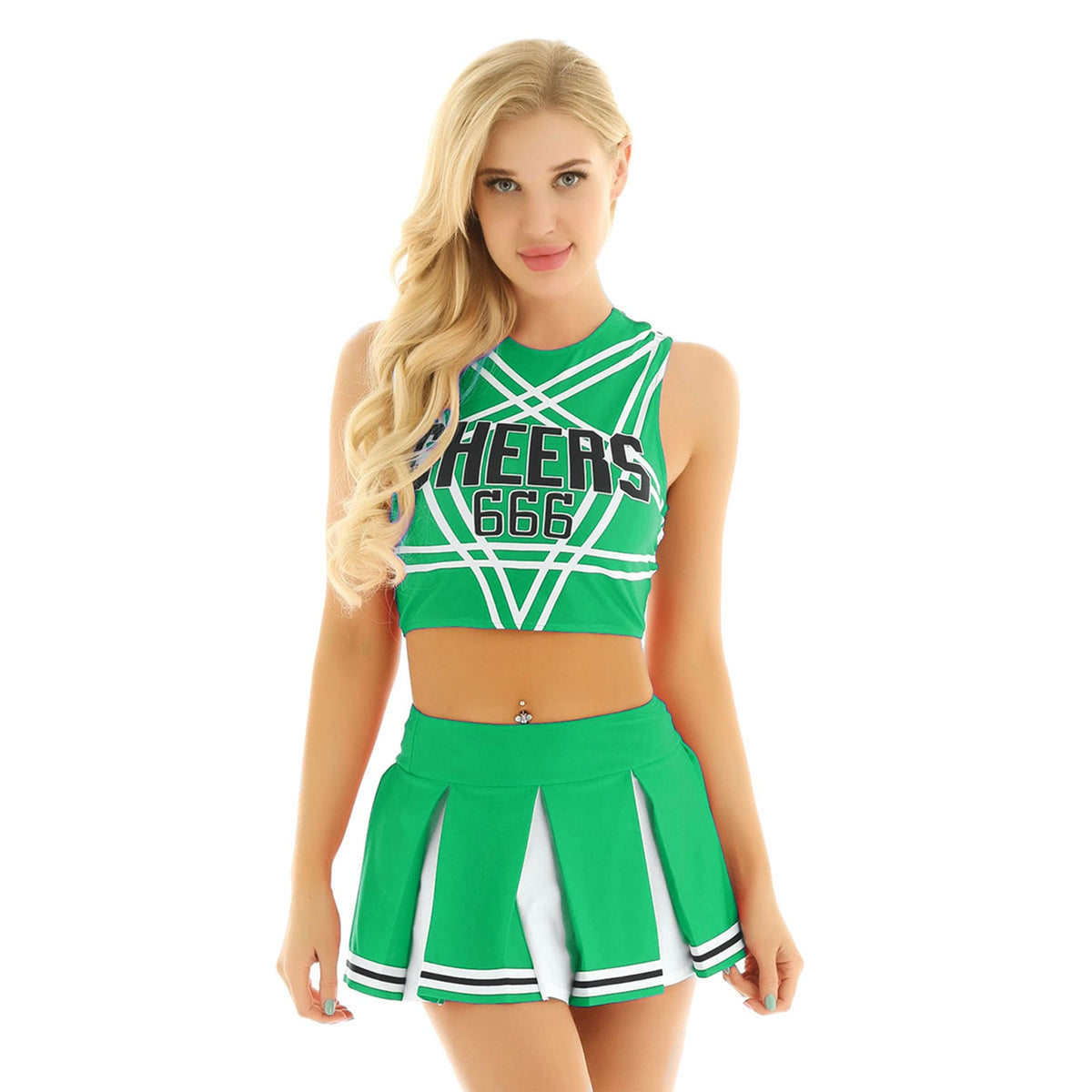 Women's cheerleader cosplay costume with stand collar crop top and mini pleated skirt, vibrant carnival cheerleading uniform.