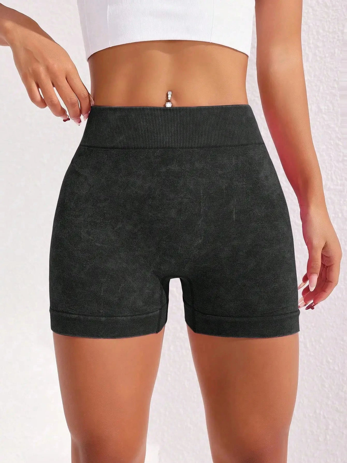 Women's washed yoga shorts by The Clothing Company Sydney, high waist fitness biker shorts with quick-drying fabric and hip lift design.