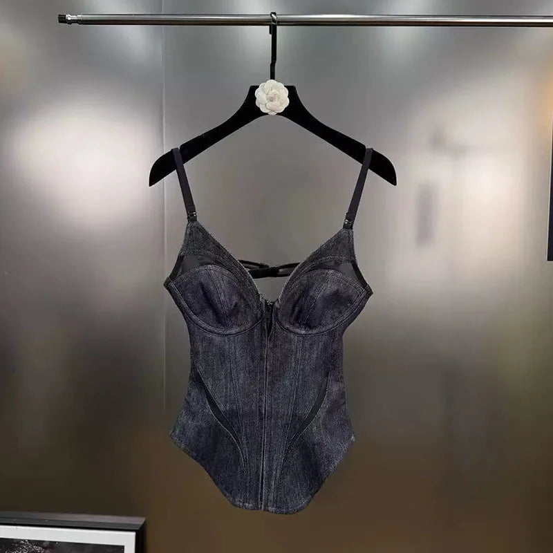 Trendy Patchwork Mesh Denim Camisole Vest For Women Outwear Backless Tank Top