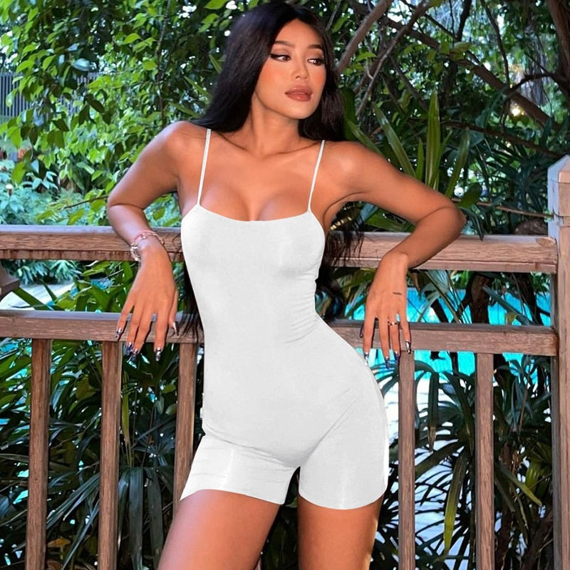 Women's summer spaghetti strap jumpsuit by The Clothing Company Sydney, bodycon fit with shorts and romper style.