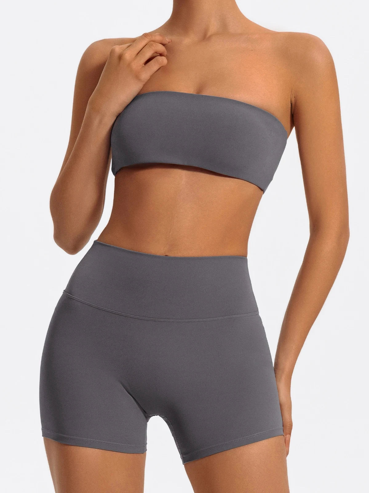 Two-piece women's fitness sports set including a strapless sports bra and matching gym crop top from The Clothing Company Sydney.