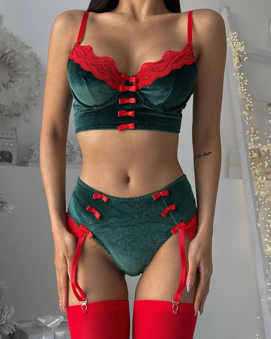 Women's Christmas lingerie set by The Clothing Company Sydney featuring velvet, lace patchwork, bowknot details, festive intimate wear.