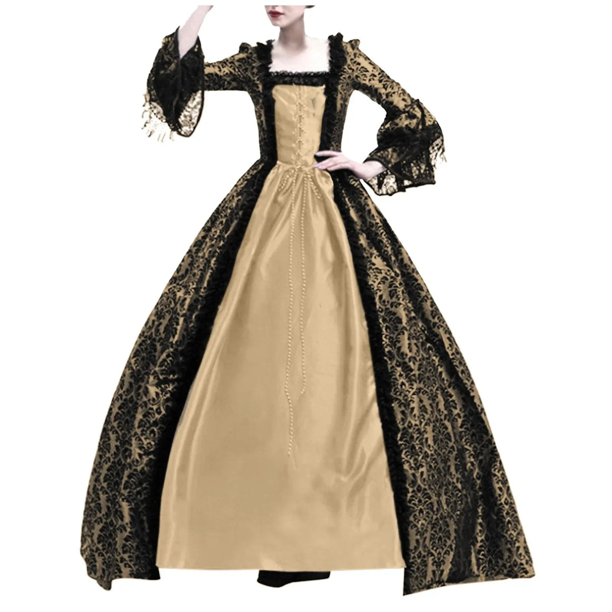 Medieval Victorian Gothic witch cosplay costume with lace patchwork, square neck, flare sleeves, and maxi length.