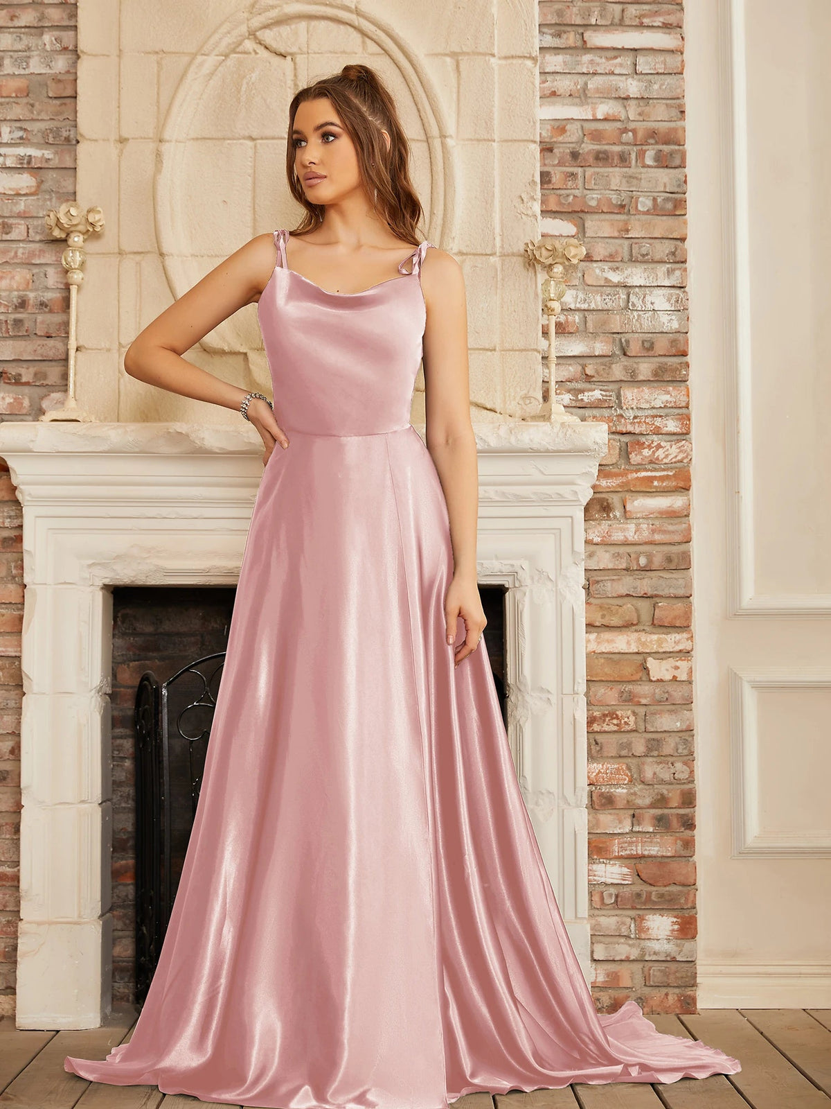 Mint green satin bridesmaid dress with side slit, backless design, spaghetti straps, long evening gown for summer events.
