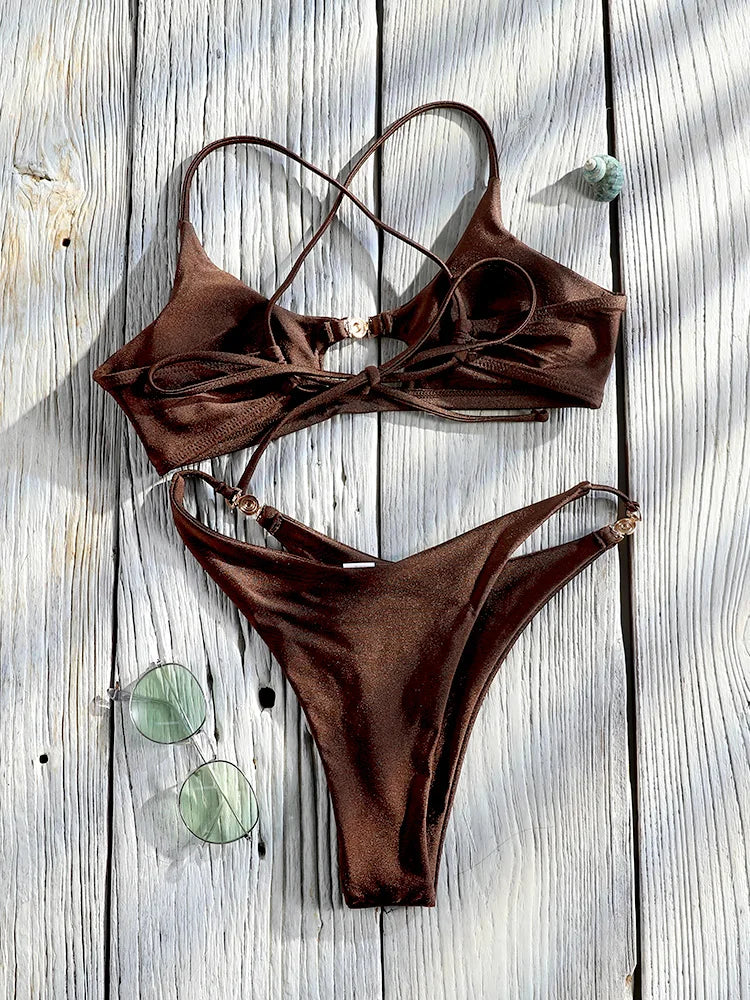 Two-piece push-up bikini set by The Clothing Company Sydney featuring hollow-out design, low waist, string style, and bathwear swimwear.