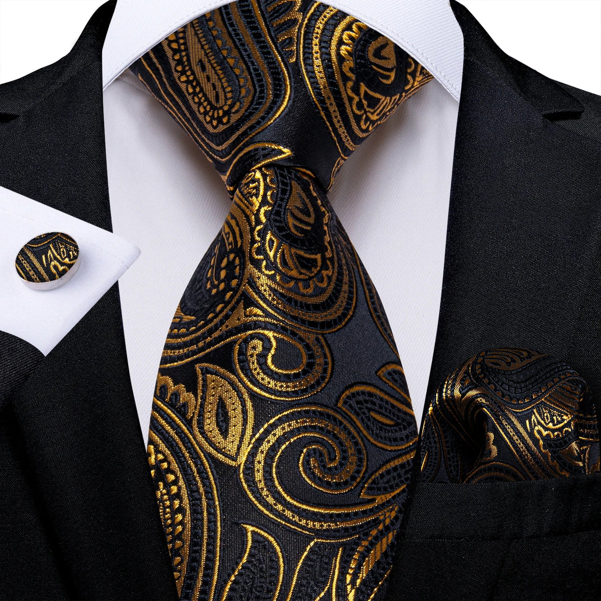 Luxury black and gold paisley silk tie set including men's necktie, pocket square, and cufflinks by The Clothing Company Sydney