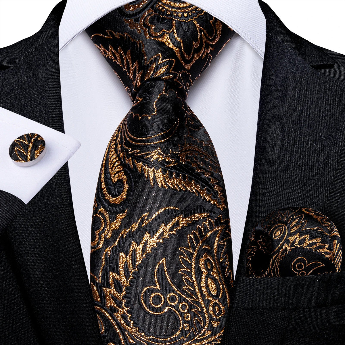 Elegant black and gold paisley silk tie set from The Clothing Company Sydney, includes necktie, pocket square, and cufflinks accessories.