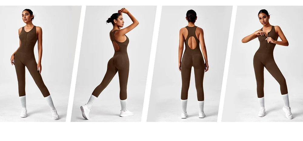 Seamless peach-colored women's yoga bodysuit with V-back, suitable for gym, workout, and fitness activities, by The Clothing Company Sydney.