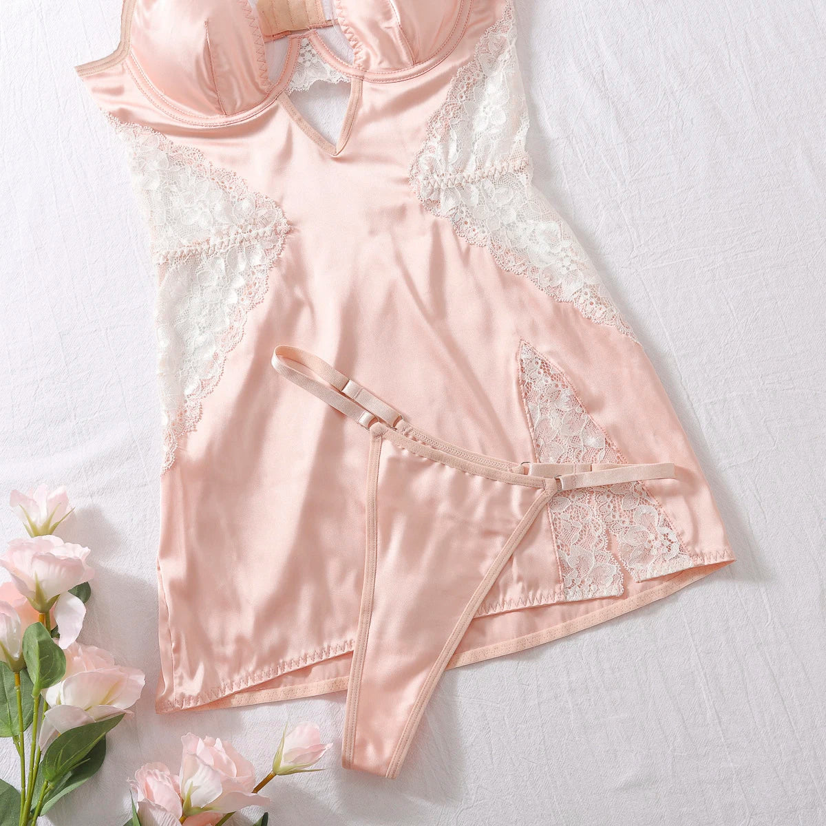 Deep-V neck satin lingerie slip dress with lace patchwork and split design, women's nightwear by The Clothing Company Sydney.