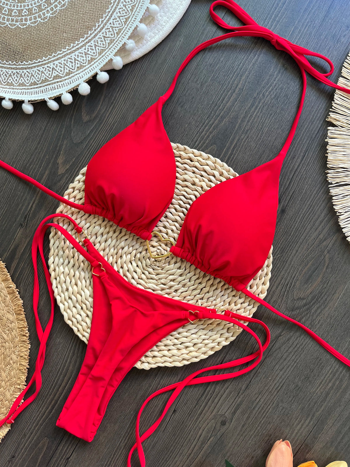 Solid color halter bikini set for women, two-piece swimsuit with triangle top and thong bottoms, from The Clothing Company Sydney