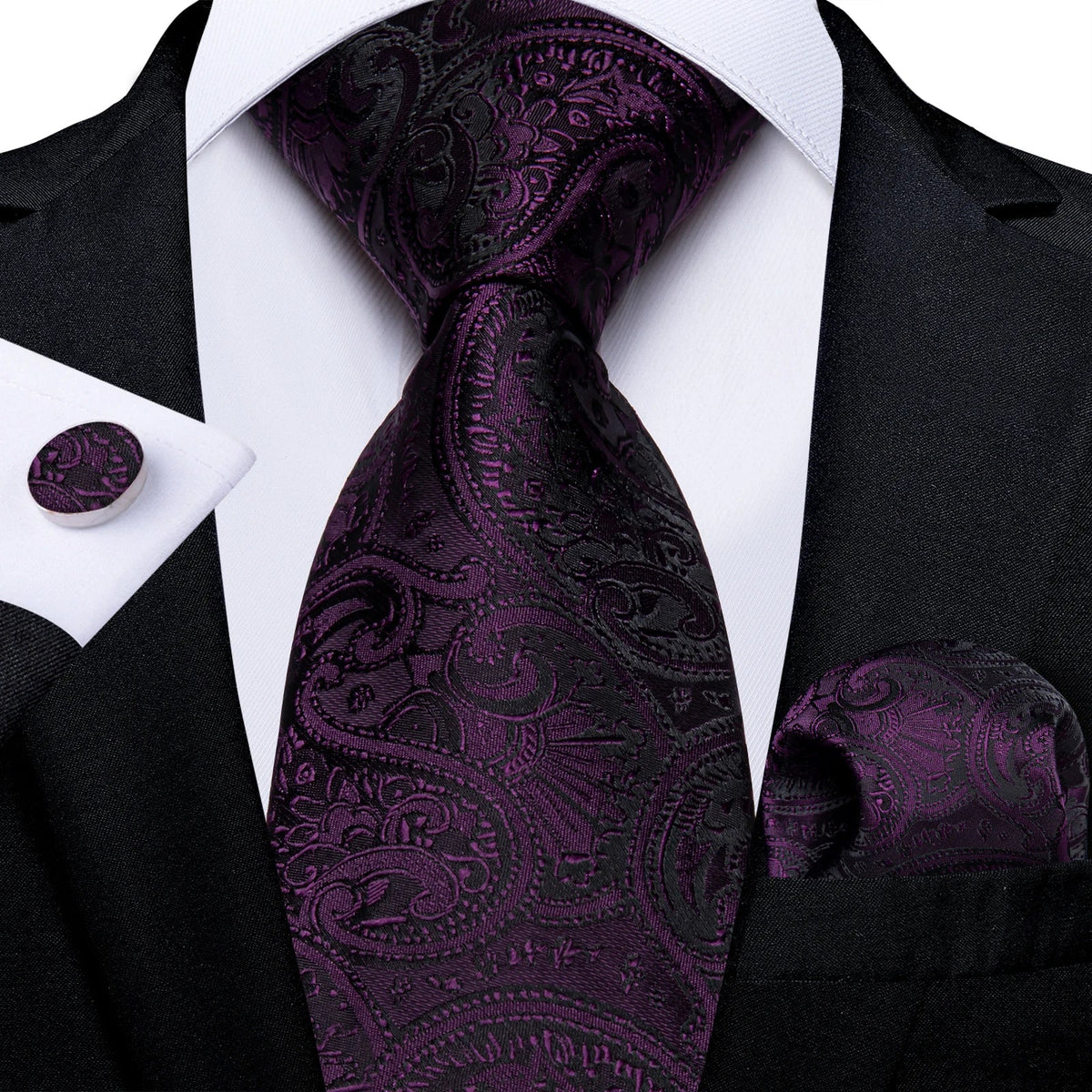 Luxury purple paisley silk tie set for men by The Clothing Company Sydney, featuring an 8cm wide tie and matching accessories.