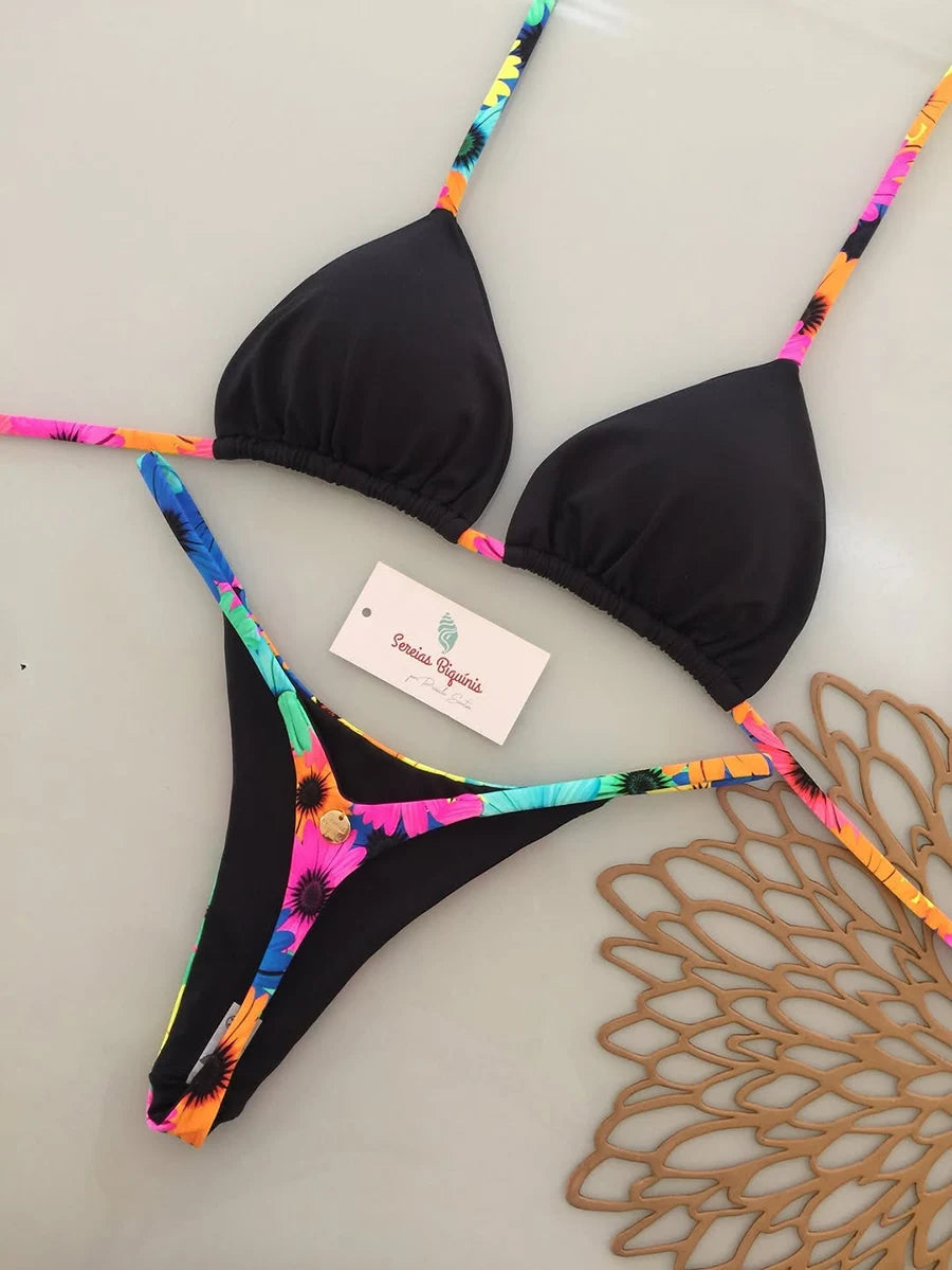 Two-piece lace-up print Brazilian swimsuit by The Clothing Company Sydney, backless micro bikini set with thong design for beachwear.