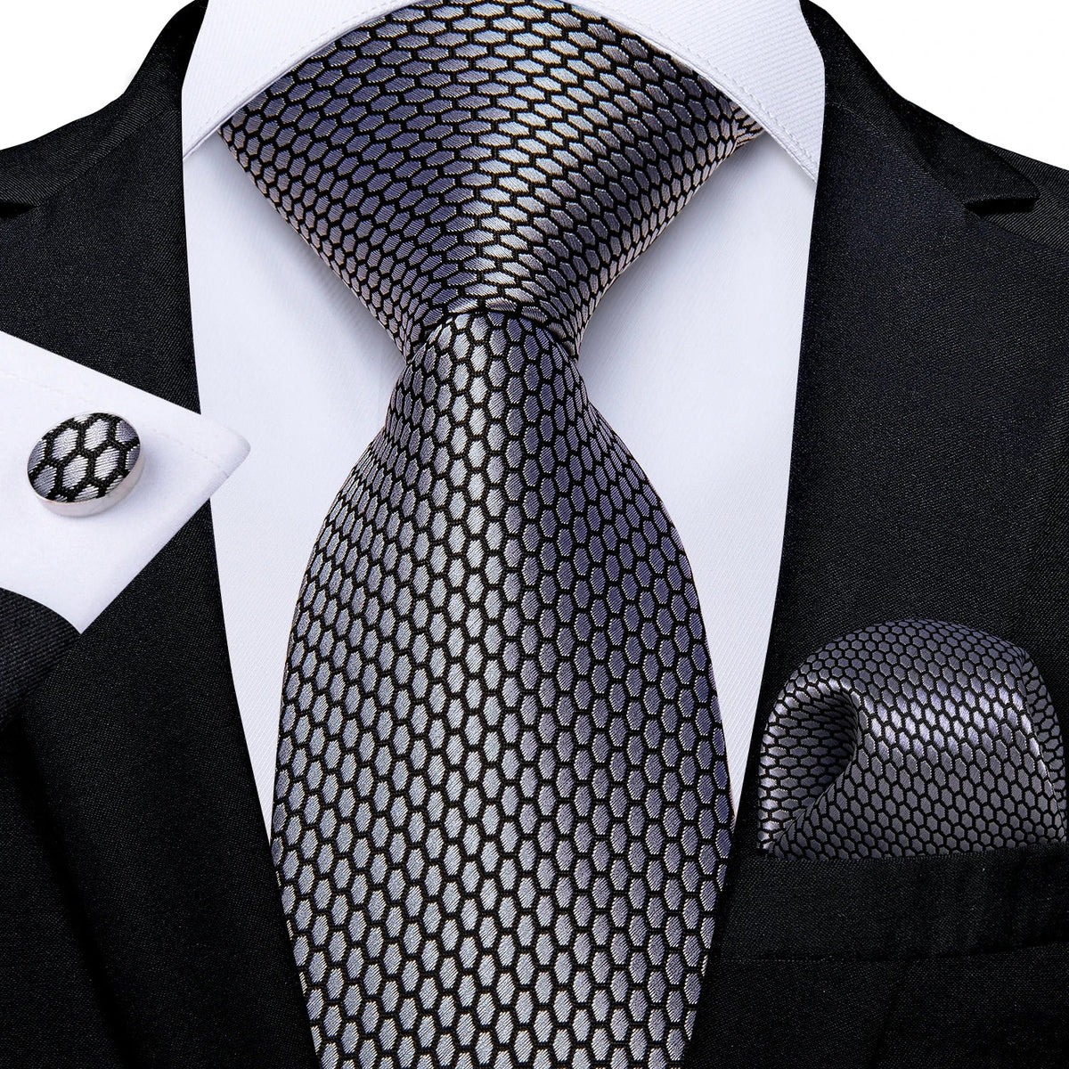 Men's gray paisley silk tie set including wedding tie, pocket square, and cufflinks by The Clothing Company Sydney.