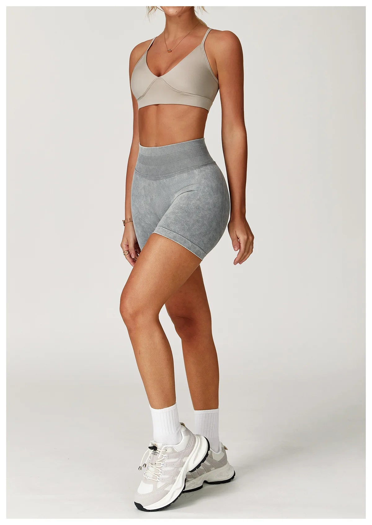 Sand washed high waist yoga bicycle shorts for women by The Clothing Company Sydney, suitable for fitness, running, and gym workouts.
