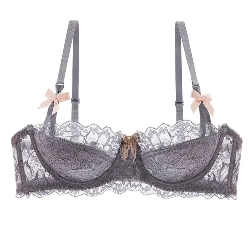 Two-piece lace pull-up bra and matching underwear set with bows, breathable fabric, anti-slip cups, designed for comfort and style.