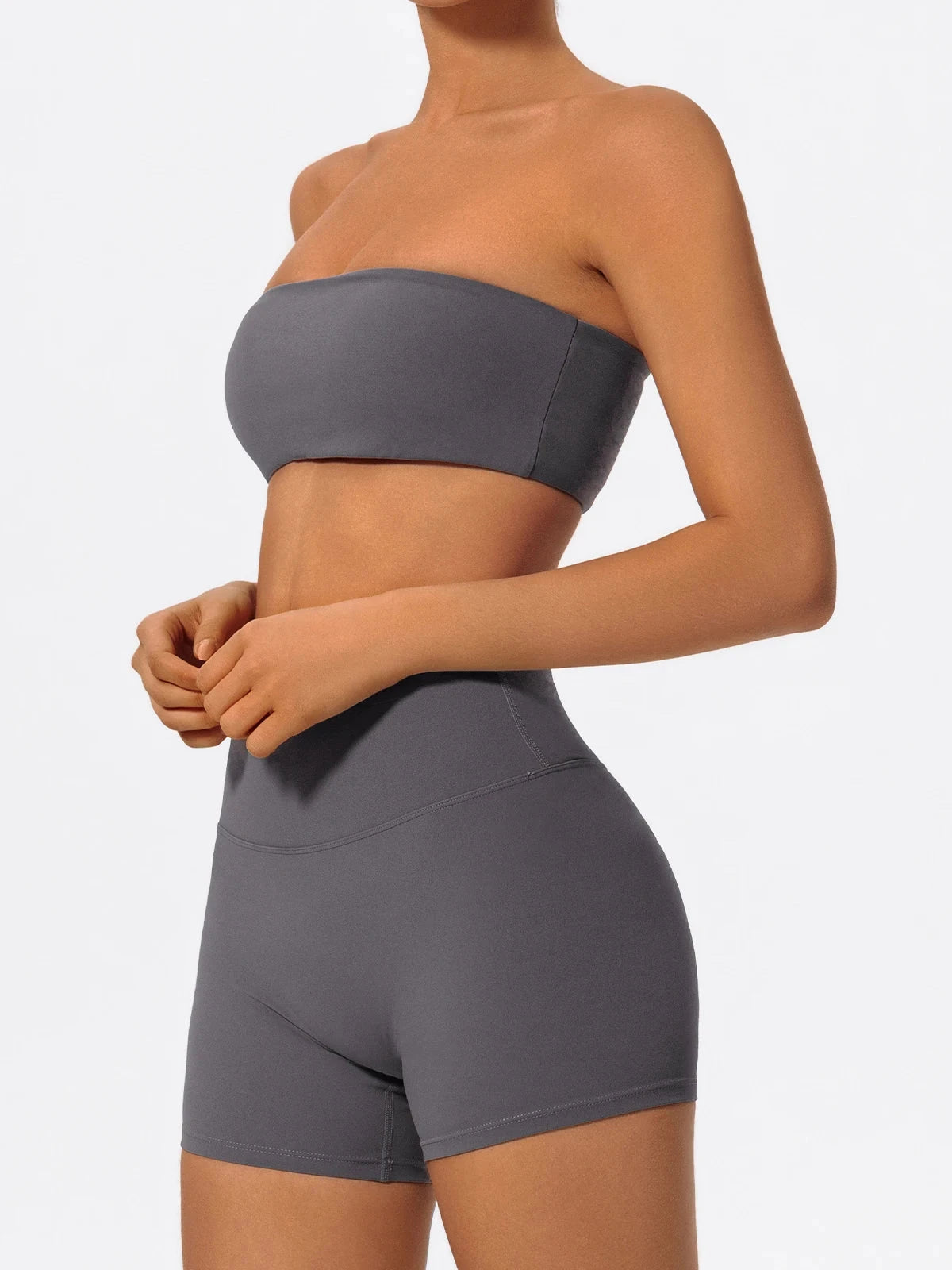 Two-piece women's fitness sports set featuring a strapless bra and yoga crop top from The Clothing Company Sydney.